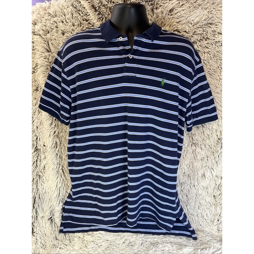 Polo Ralph Lauren Shirt Mens Blue White Stripes Polo‎ Green Pony Casual Size L